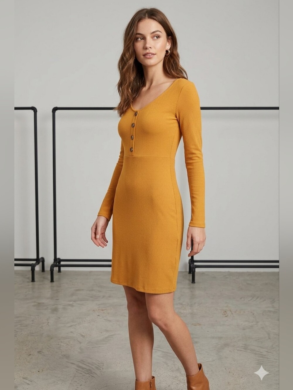 SO Ribbed V-Neck Button-Down Long Sleeve Bodycon Dress - Size XS